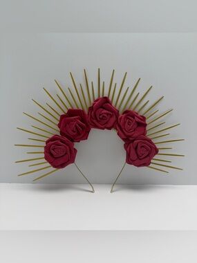 Red Rose Halo Headband with Gold Spikes - Women Accessories